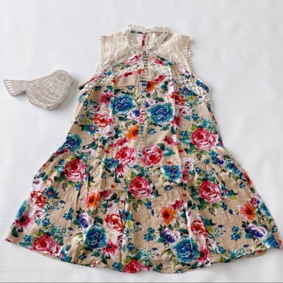 Umgee | Sleeveless Floral Print High Neck Dress Crochet Yoke Ruffle Hem Brunch - Picture 2 of 15